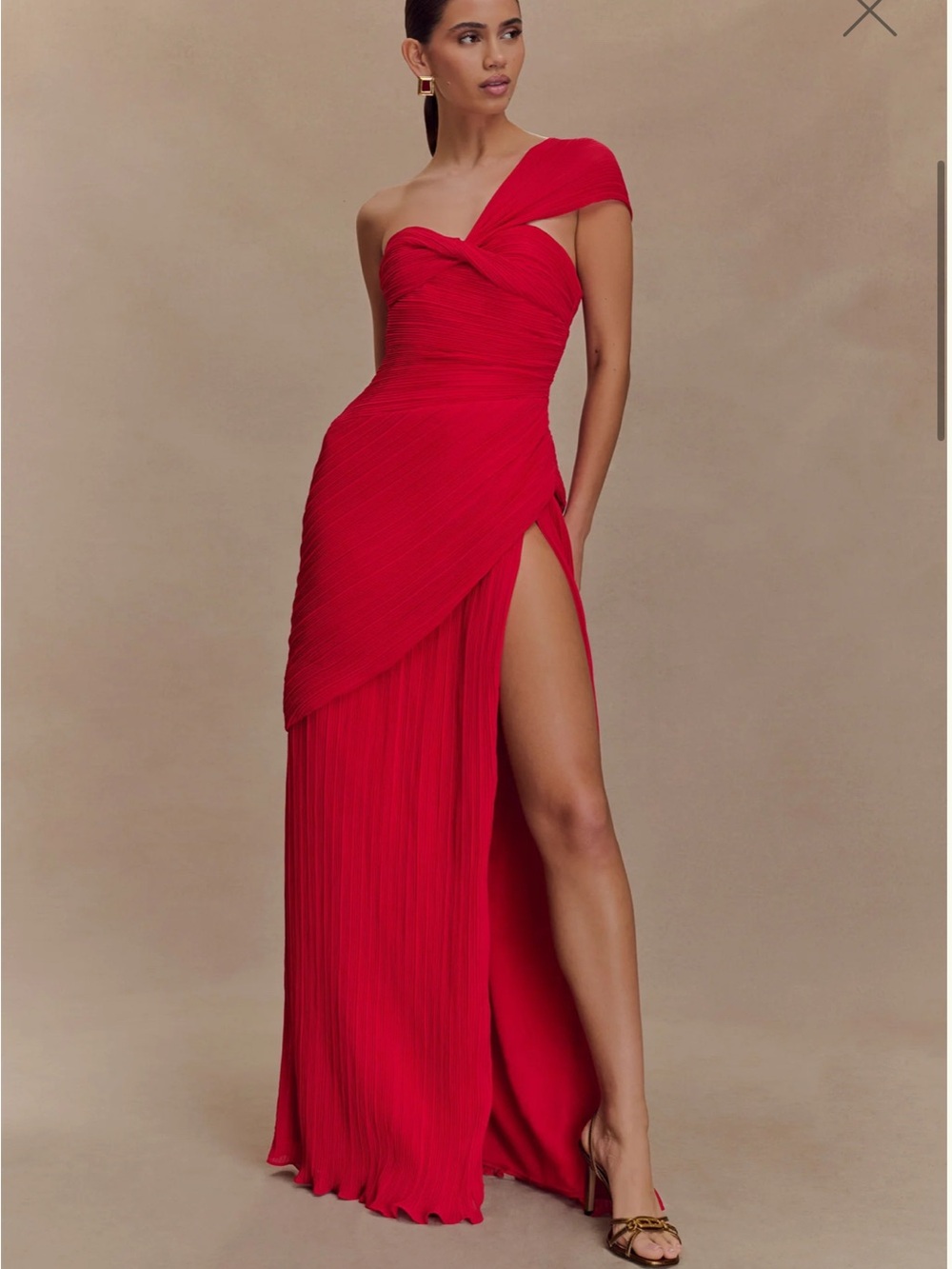 Meshki Red One-Shoulder Draped Pleated Gown